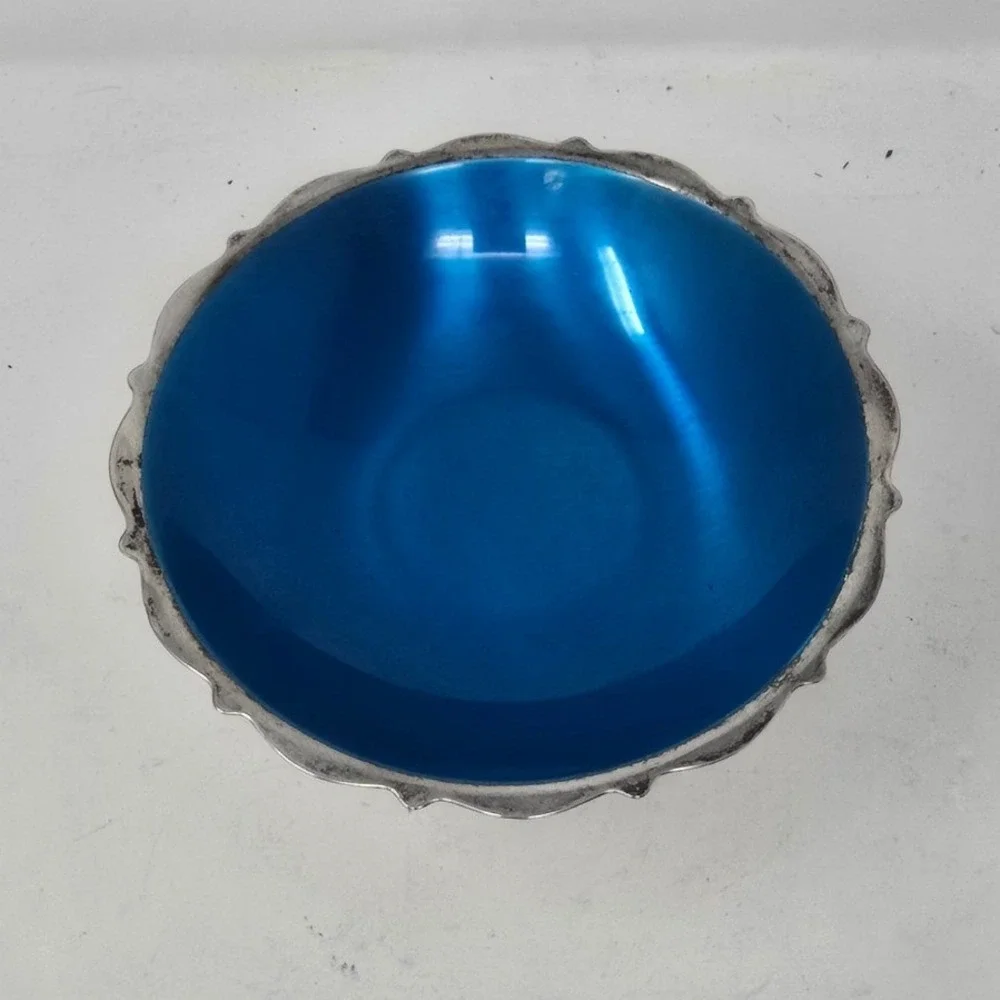 Vtg Wm. A. Rogers mid century silver plate blue enamel compote candy dish bowl